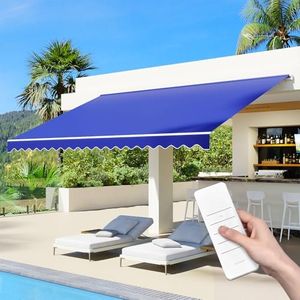 Aoxun Motorized Retractable Awning 15x10 FT Electric Patio Awning with Remote Control Manual Crank, 280g Waterproof Polyester Canopy, Outdoor Sunshade for Deck Window Balcony Blue