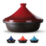 Moroccan Tagine for Cooking: Enameled Cast Iron Cooking Pot, Slow Cooker, Classic Kitchen Cookware, Tajine with Ceramic Cone-Shaped Closed Lid, 3.3 QT, Red