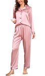 Vlazom Pyjamas for Women, Soft Satin Long Sleeve Pjs Set Two Piece Silk Pyjamas Classic Button Down Sleepwear Loungewear for All Seasons Dusky Pink,M