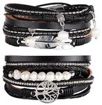 MILACOLATO 2Pcs Leather Wrap Cuff Bracelet Women Girls Multilayer Tree of Life Wristband Bracelet Magnetic Buckle Boho Bracelet Bangle Jewelry for Mother Friends Black