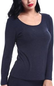 LIQQY Women's Ultra Thin Scoop Neck Long-Sleeve Thermal Underwear Shirt Top (Large, Navy Blue)