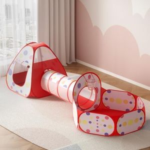 KEEZI Kids Playhouse Play Tent Pop Up Teepee Ball Pit Tunnel Basketball Hoop Red