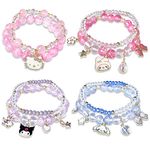 Excefore Crystal Bracelets Cartton Pendant, 4 Pieces Kawaii Pearl Cute Cartoon Elastic Beaded Bracelets, Kitty Themed Pendant Bracelets Gift for Teen Girls, Kids