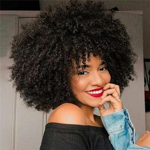 QUEENTAS 10Inch Short Curly Afro Wigs for Black Women Afro Kinky Curly Wig with Bangs No Glueless Full and Fluffy Synthetic Hair wig (Black)