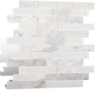 Nicesungdeco Peel and Stick Natural Stone Mosaic Backsplash Tiles, 12" x 12" 5-Sheet Backsplash Self Adhesive Tiles for Kitchen Fireplace Vanity (White)