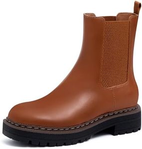Athlefit Chelsea Ankle Boots for Women Platform Lug Sole Brown Boots Comfortable Slip On Fall Dress Short Booties Size 8