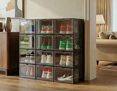 JECCICHY 12 Pack Black Shoe Storage Boxes Stackable, Plastic Shoe Boxes with Lids, Sneaker Storage, Transparent, Thick Hard, Drop Front Door, Within US Size 13