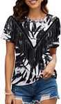 PESION Women's Fringe Trim Shirts Short Sleeve Tassel Trim Blouse T-Shirt Tops, Black+ White, XX-Large