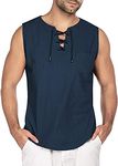 Men's Cotton Linen Vest Smart Casual Sleeveless Shirts Comfortable Hippie Gothic Banded Collar Nehru Loose Light Solid Soft Tank Tops Holiday（DarkBlue，XXL）