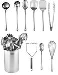 10Pcs Stainless-Steel Kitchen Utensil Pieces Turner, Ladle, Spaghetti Server, Serving Spoons, Whisk, Potato Masher, Tongs, and Utensil Holder