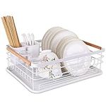 BTGGG Dish Drainer Rack with Removable Drip Tray, Metal Kitchen Drying Rack Organiser with Wooden Handles, White, 43 x 30.5 x 14 cm