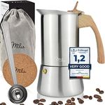 Milu Espresso Maker Induction Hob | 2, 4, 6, 9 Cup| Stainless Steel Espresso Pot, Stovetop Moka Pot, Coffee Maker, Set Including Coaster, Spoon, Brush (Handle: Wood optics, 4 Cups 200ml)