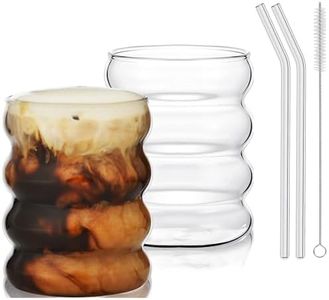 VITEVER 2Pcs Drinking Glasses with Glass Straw 12oz Glassware Set,Cocktail Glasses,Iced Coffee Glasses,Beer Glasses,Ideal for Water,Soda,Tea,Gift - with Cleaning Brush