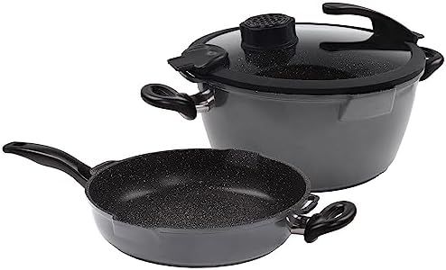 STONELINE Smell Well Future 4-Piece Set Sauté Pan and Stewing Pot Diameter Approx. 24 cm with Multifunctional Glass Lid and Smell Well Cartridge as Odour Filter or Aroma Function includes Refill Set