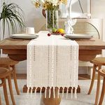 Yicorgard Rustic Table Runner Farmhouse Rustic Style 13“ x 108”, Braided Striped Linen Cream Table Runner 108 Inches Long with Tassels for Dining Room Kitchen Reading Dresser Décor,Ivory White