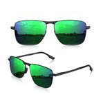 LUENX Rectangular Aviator Polarized Sunglasses for Men Women 59mm Mirrored Green Lens Square Metal Black Frame Spring Hinge