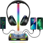 New bee RGB Headphone Stand with Wireless Charging and 2 USB-C & 1 USB Charging Ports, Desk Gaming Headset Stand with 7 Light Modes and Non-Slip Rubber Base Suitable for All Earphone Accessories