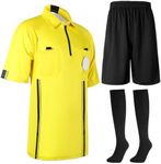 Cuffbow 3 Pcs Men's Soccer Referee Jersey Short Set Official Pro Soccer Referee Shirt Short Sleeve, Sports Pants and Socks (Yellow, Black,X-Small)