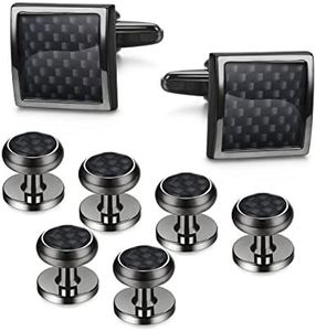 LOYALLOOK 8pcs Mens Carbon Fiber Cufflinks and Shirt Studs Set Tuxedo Shirts Business Wedding Silver Black Gold Tone …, Round, Carbon Fiber