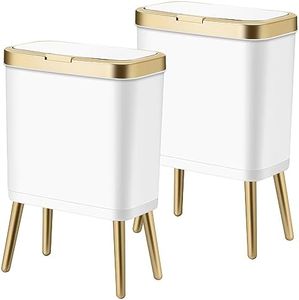 Procade 2Pack White Trash Can with Lid, Bathroom Trash Can with Gold Edge, Narrow Modern Garbage Can for Bedroom, Slim Waste Basket Plastic Trash Bin for Room,Kitchen, Living Room, Office,4 Gallon