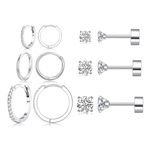 6 Pairs Sterling Silver Earrings Sets for Multiple Piercing Small Silver Huggie Hoop Earrings Flat Back Surgical Steel Tiny CZ Stud Earrings for Women Trendy Cartilage Hypoallergenic, sterling