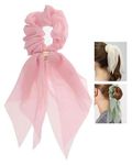 Massmot Hair Scarf for Women, Hair Bow Ties for Girls, Ribbon Hair Scrunchies, Hair Bobbles Bands Chiffon Bow Scrunchies Stretch Hair Ties Lace Headbands Ponytail Miss Double Layer (Pink)