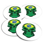 Vinyl Round Stickers (Set of 4) 10cm - Brazilian Brazil Flag Skull Travel for Laptops, Tablets, Luggage, Scrap Booking, Fridges #56067