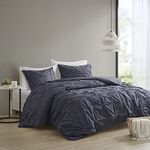 Ink+Ivy Masie Duvet Cover Full/Queen Size - Navy, Elastic Embroidery Tufted Ruffles Duvet Cover Set - 3 Piece - 100% Cotton Percale Light Weight Bed Comforter Covers