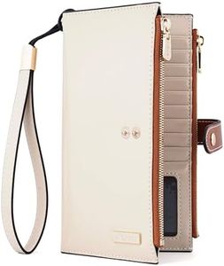 ANDOILT Women's Genuine Leather Wallet RFID Blocking Credit Card Holder Zipper Purse Cell Phone Handbag B-Creamy White & Brown