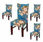 House of Quirk Polyester Elastic Chair Cover Stretch Removable Washable Floral Short Dining Chair Cover Protector Seat Slipcover - Blue Flower (Pack of 4)