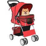 PawHut Pet Stroller with Reflective Strips, Foldable Cat Stroller with 360° Swivel Wheels, Brake and Washable Mat for Small Dogs and Cats, Red