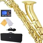 Mendini by Cecilio MBS-30L+92D Lacquer Yellow Brass Intermediate E Flat Baritone Saxophone with Tuner, Pro-Deluxe Case, Mouthpiece and Neck Strap