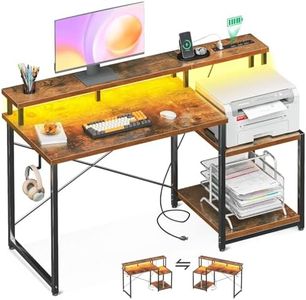 AODK Computer Desk, 48 Inch Gaming Desk with Led Lights & Power Outlet, Office Desk with Printer Storage Shelves, Reversible Desk with Monitor Shelf & Headphone Hook, Rustic Brown