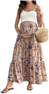 MakeMeChic Women's Maternity Skirt Boho Floral Elastic Waist Ruffle Hem Layered Pregnancy Maxi Skirts Khaki X-Large