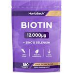 Biotin Tablets 12000ug | 180 Count | High Strength Complex with Zinc and Selenium | Vegan Supplement | by Horbaach