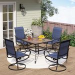 PHI VILLA 5 Piece Outdoor Patio Dining Set with 4 Padded Swivel Dining Chairs & 1 Wood-Look Dining Table, All Weather Blue Chair and Metal Table for Deck Lawn Garden