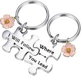 FEELMEM Where You Lead I Will Follow Couples Puzzle Piece Keychains for Best Friends Mother Daughter Gifts Friendship Jewelry BBF Gift(Flower Charm), Silver, middle