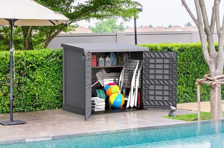 Duramax Cedargrain 1200L Plastic Garden Storage Shed – Grey, Flat Lid, Fits 2x 240L Bins, 145x85x125cm