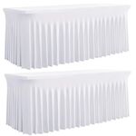 Outpain White Spandex Table Clothes for 8 Foot Rectangle Tables-2Pack 8FT Spandex Fitted Table Cover, Wrinkle Free Tablecloths with Skirt for Parties, Wedding, Birthday, Banquet, Festival