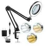 LED Magnifying Lamp with Clamp, 8-Diopter, 5X Real Glass Lens, 3 Color Modes and Stepless Dimmable Magnifier Desk Lamp,Adjustable Swivel Arm Lighted Magnifying Glass for Repair Craft Close Work-Black