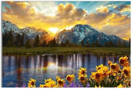 Sbemyenus Nature Mountain Wall Art, National Park Sunflower Landscape Canvas Picture Wall Decor, Sunset Grand Teton Lake Prints Painting Artwork for Kitchen Bedroom Home Decoration 24x16in Unframed