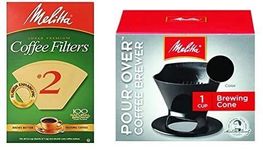 Bundle - Melitta Ready Set Joe Single Cup Pour Over Coffee Brewer Maker, Black + #2 Natural Brown Cone Coffee Filters 100-Count