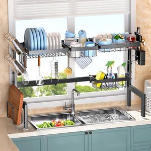 Over The Sink Dish Drying Rack, 2 Tier Adjustable Over Sink Dish Rack, Multi-Functional Over The Sink Dish Drainer Drying Rack, Large Capacity Sink Rack for Kitchen Counter Storage Organizer