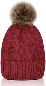 Whiteleopard Kid Beanie Hats Lining Pom Pom for Children -Slouchy Cable Knit Toddler Skull Hat Baby Ski Cap for Girls Boys Red