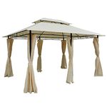 Outsunny 4m x 3(m) Garden Gazebo, Double Roof Outdoor Gazebo Canopy Shelter with Curtains, Solid Steel Frame for Lawn and Deck, Beige