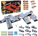 KETIEE Ultimate Finger Skateboard Ramps, 16PCS Fingerboard Skatepark Deck Kit with 9 Ramps 5 Skateboards Mini Shorts & Acrylic Holder Extra Huge Half Pipe Finger Training Props for Kids New Year Gift