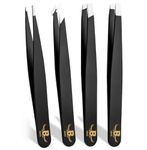 Burax Tweezers for Facial Hair Women Professional Stainless Steel Precision Tweezers for Women & Men (4 Pack Black)