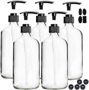 Youngever 5 Pack Empty Clear Glass Pump Bottles, 8 Ounce Lotion Pump Bottles, Soap Dispenser, Refillable Containers for Essential Oils, Cleaning Products, Lotions, Aromatherapy, Durable Black Pumps