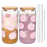 ANOTION Fall Glass Cups with Lids and Straws - Autumn Thanksgiving Gifts for Women - 2 Pack 18oz Fall Pink Pumpkins Mug, Pumpkin Glass Jar Drinking Glasses Tumbler Iced Coffee Cup, Fall Pumpkin Decor