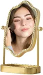 HuiDao Vintage Vanity Makeup Mirror, Metal Desk Mirror with Stand Antique Decorative, 360° Swivel Table Mirror with Tray, Desktop Dressing Mirror for Dresser, Bedroom, Bathroom, Living Room, Gold